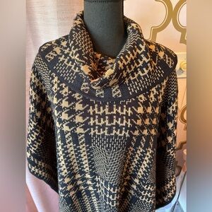 Chico’s Cowl Neck Poncho Brown and Black Houndstooth and Plaid with Fringe